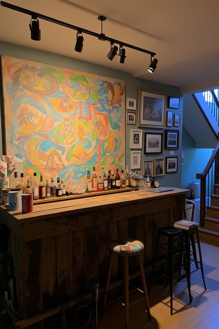 Rustic wooden bar counter with bottle shelves and stools in a cozy basement speakeasy corner