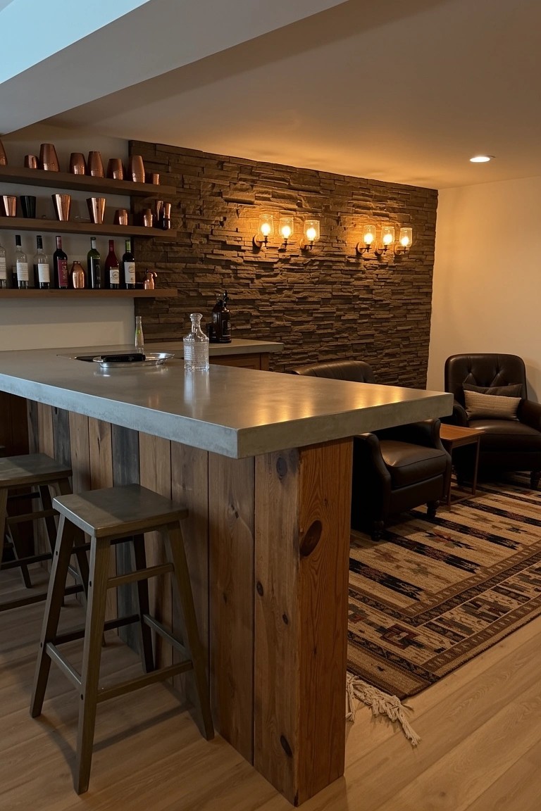 Rustic basement bar with wooden post base, concrete countertop, bar stools, and bottle shelves on stone wall
