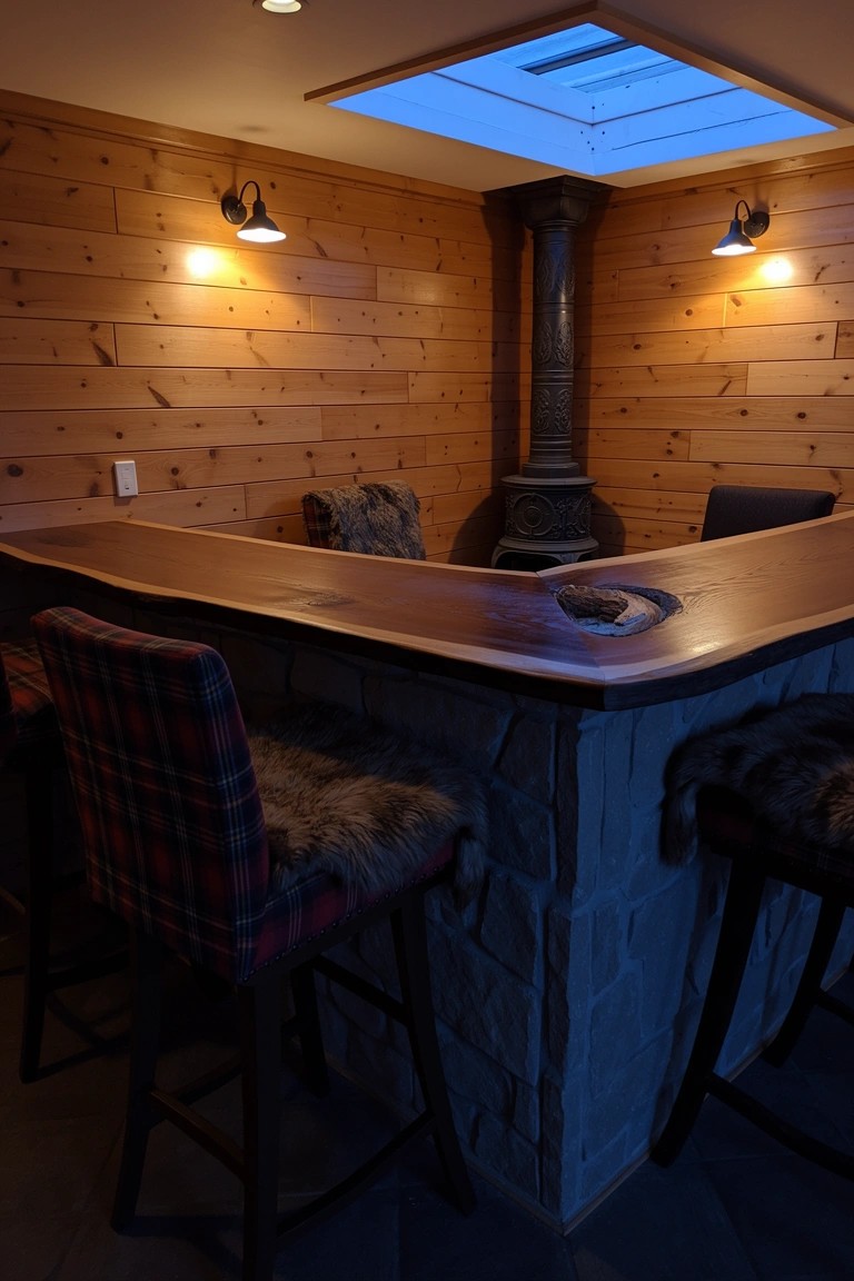 Rustic basement bar nook with live-edge wood countertop, plaid stools topped with fur, wood-paneled walls, and cast-iron wood stove in corner