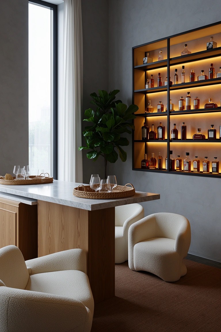 Modern home bar area with backlit wooden shelves displaying rows of liquor bottles, a light wood bar top with glasses, white plush chairs, and a tall potted plant against gray walls