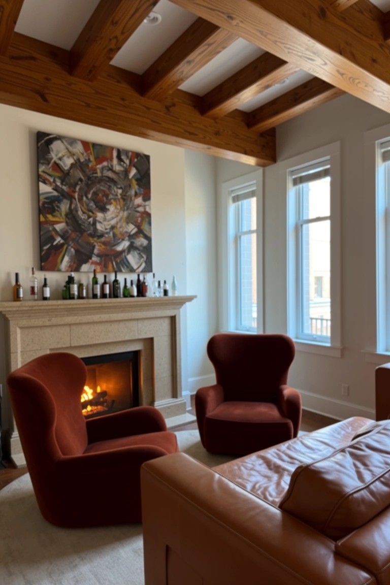 Lounge room featuring a stone fireplace mantel lined with bottles, flanked by red armchairs, with exposed wood beam ceiling and large abstract wall art
