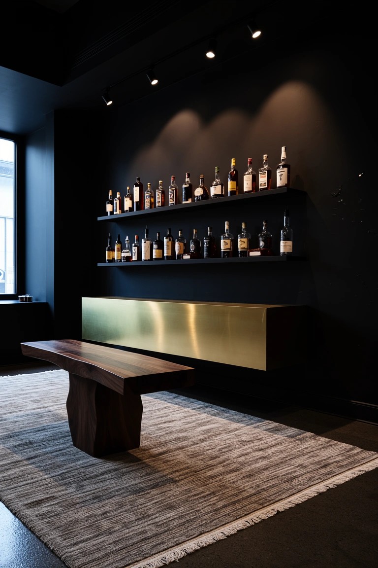 Dark-walled lounge with multiple shelves of bourbon bottles illuminated by overhead lights, brass credenza, and wooden bench on rug