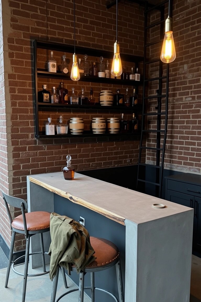 Exposed brick wall with wooden shelves stocked with bourbon bottles and jars, pendant lights overhead, concrete bar counter, and metal ladder for access