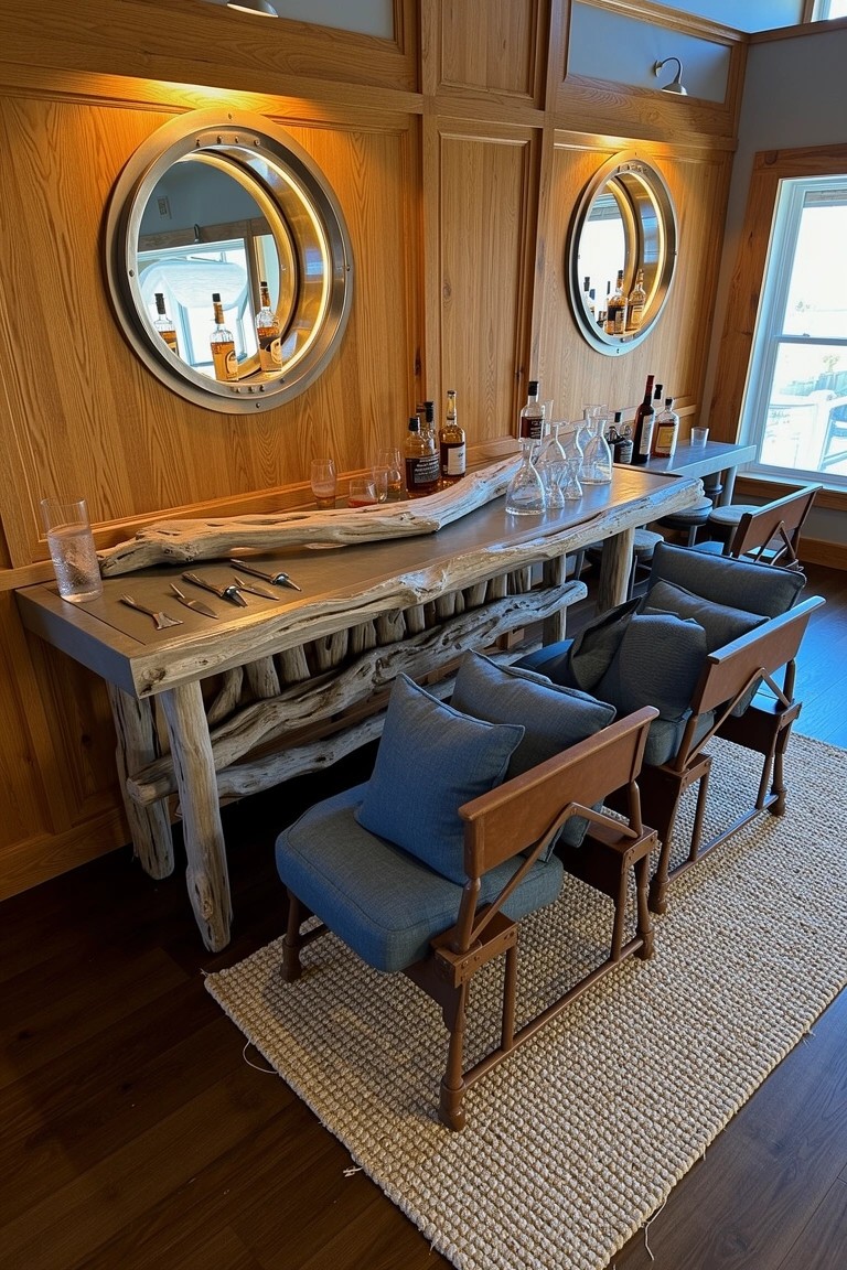 Driftwood bar top with bourbon bottles in a wood-paneled lounge room featuring porthole mirrors