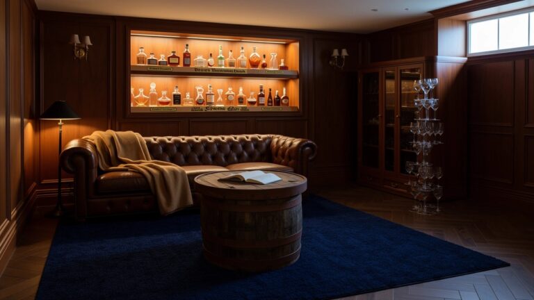 Wood-paneled lounge with backlit bourbon cabinet, leather sofa, barrel table, and blue rug on parquet floor