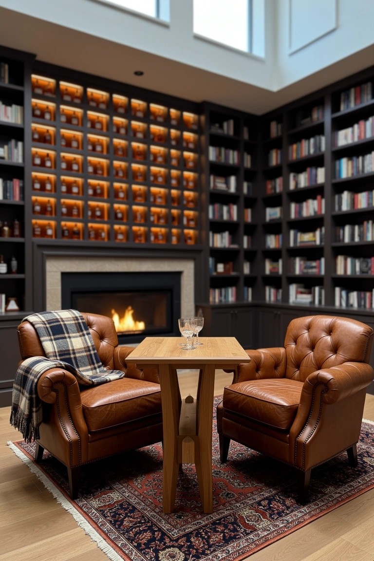 Pair of tan leather armchairs with a wooden table in front of a stone fireplace in a wood-paneled library room lined with bookshelves