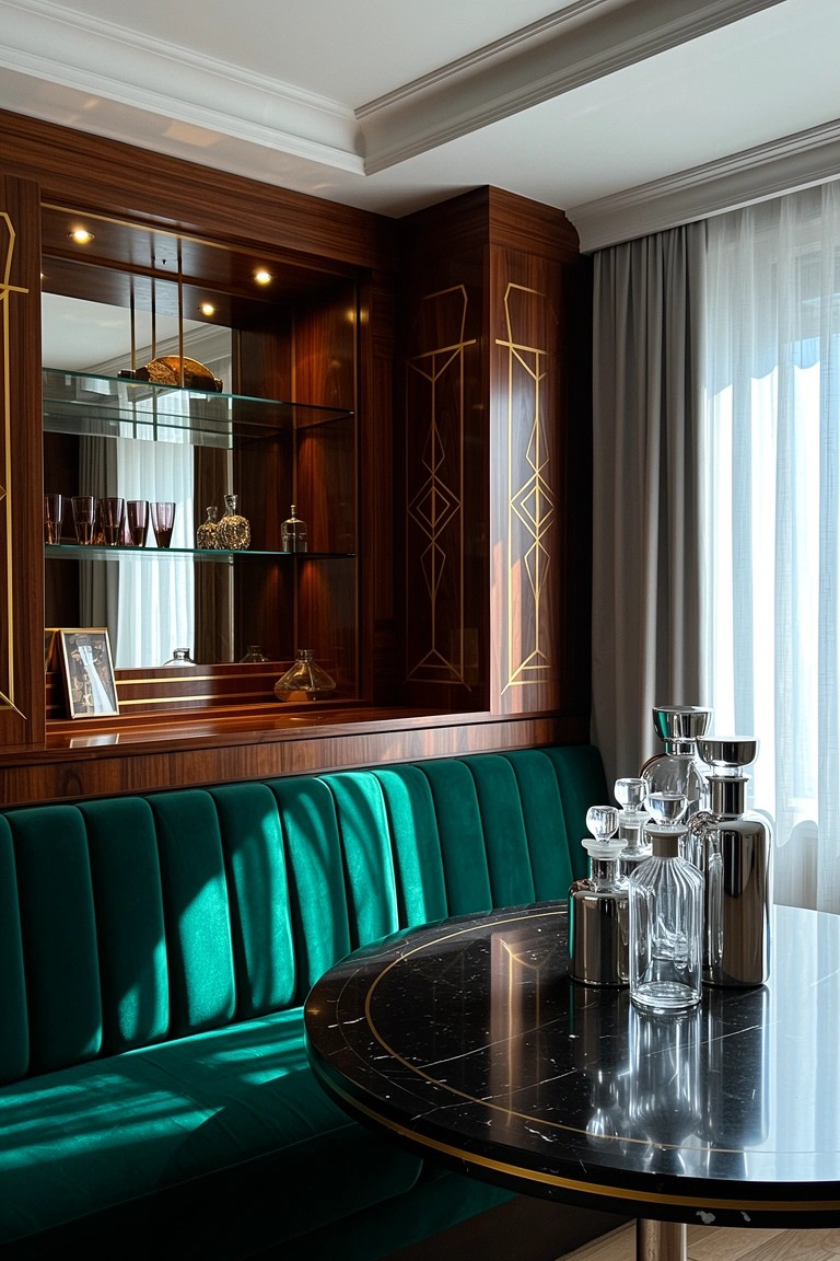 Emerald green velvet tufted banquette with round black table in front of wooden bar cabinet displaying glassware and decanters