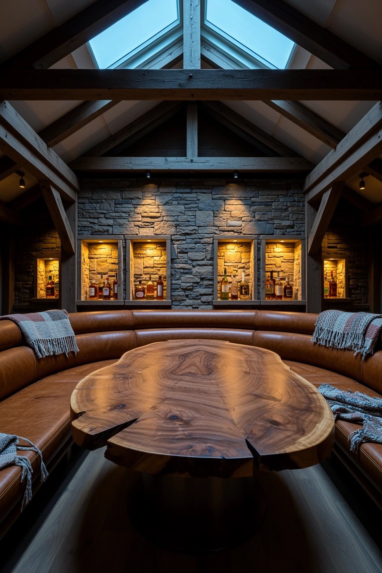 Live edge walnut table with curved tan leather benches in a beamed bourbon lounge with stone walls and lit bottle displays