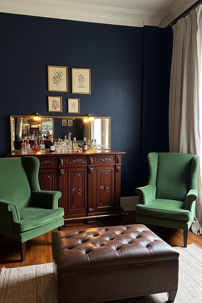 Wooden bar cabinet with liquor bottles and mirror top flanked by green velvet wingback chairs and leather ottoman against navy wall