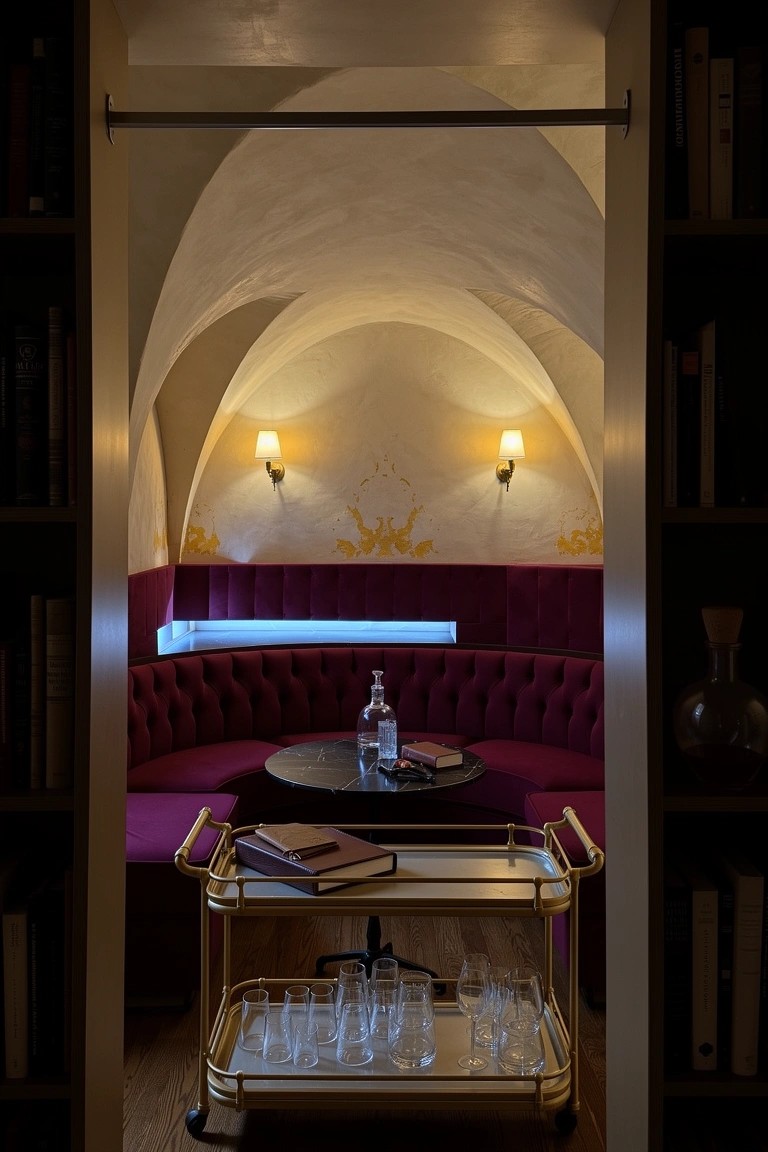 Arched recess with curved red velvet banquette, small round table, gold-accented bar cart holding glasses and bottles, flanked by dark wood bookshelves