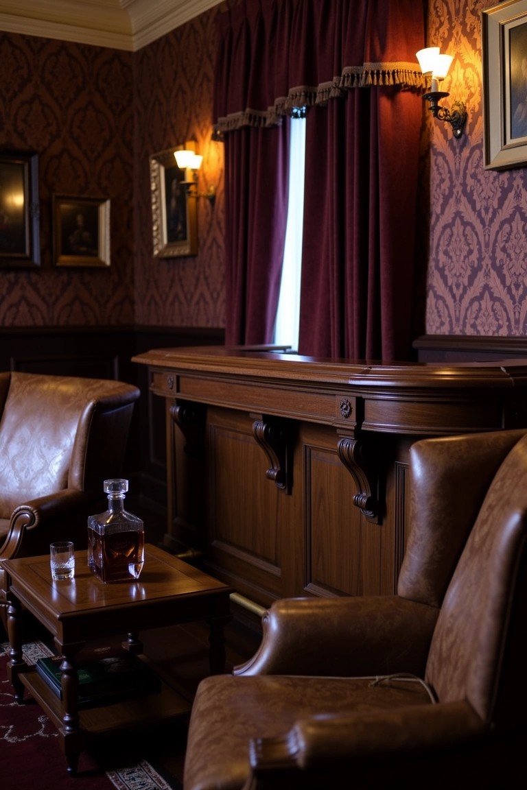 Polished wooden bar counter with leather armchairs and a bourbon decanter on side table in a deep red paneled room
