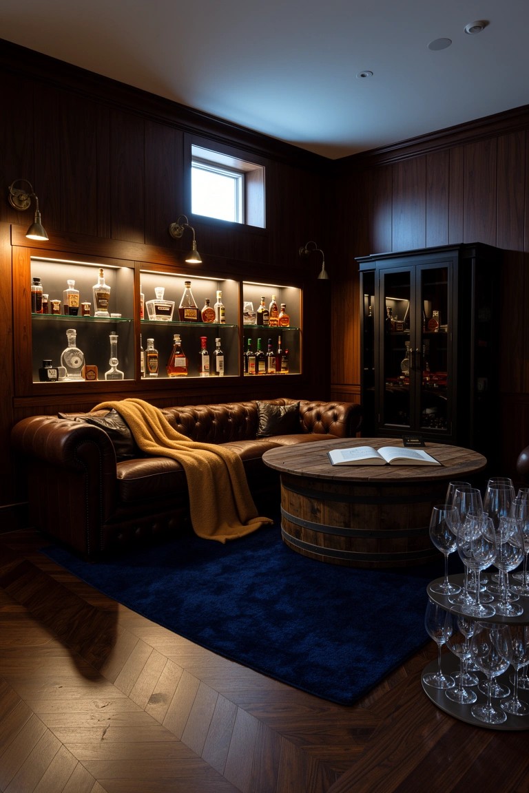 Wood-paneled lounge with backlit bourbon cabinet, leather sofa, barrel table, and blue rug on parquet floor