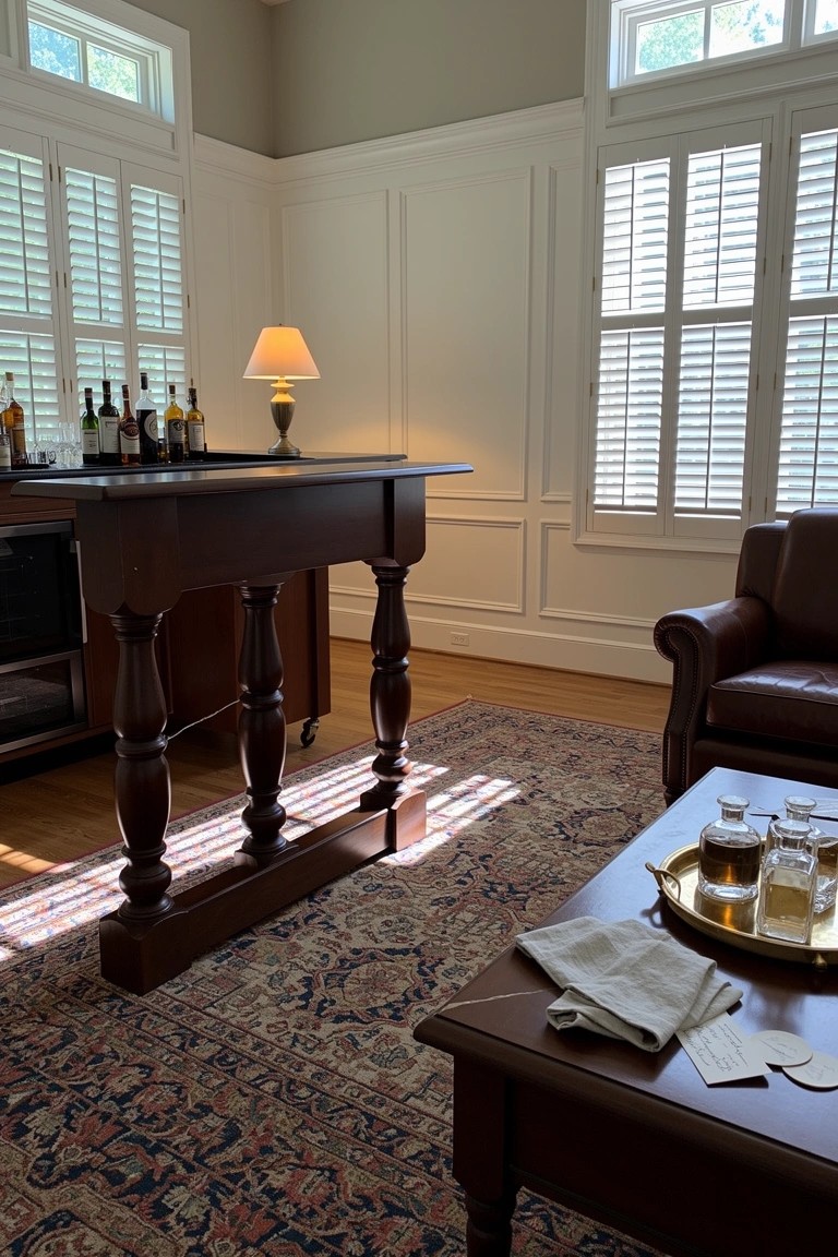 Wooden bar console with bourbon bottles and glasses in a light-paneled lounge corner next to a leather armchair