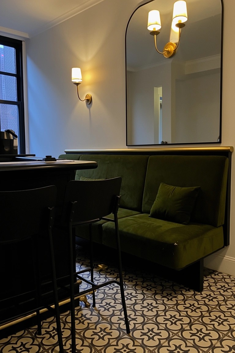 Modern man cave bar nook with green velvet booth seating, black bar counter and stools, arched gold mirror with lamps, and black and white patterned tile floor