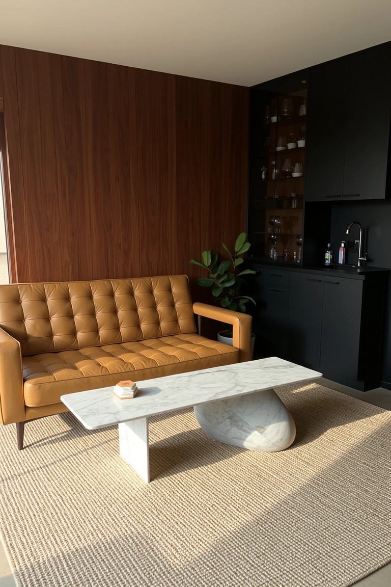 Sleek man cave corner with black built-in bar cabinet, wood-paneled wall, tan leather sofa, and marble coffee table on stone base