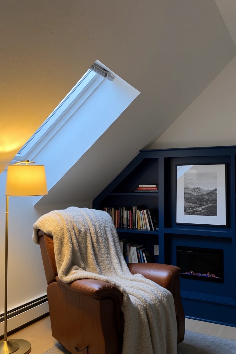 Cozy attic man cave nook with navy built-in shelves, leather recliner draped in white blanket, floor lamp, and skylight