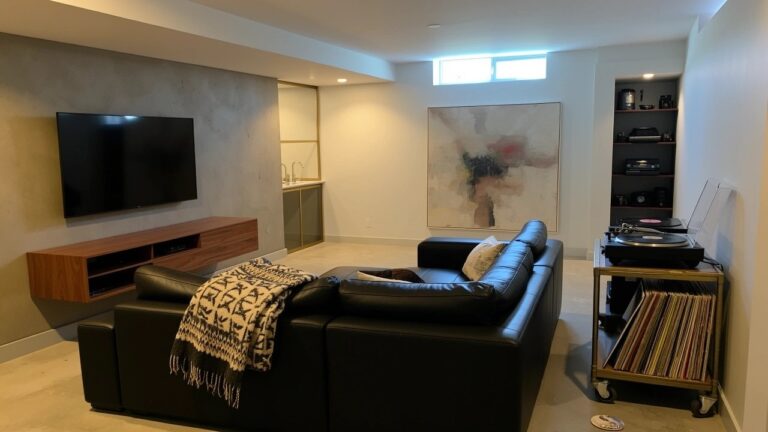 Modern man cave basement with black leather L-shaped sofa draped in colorful woven blanket, wall-mounted TV above low wooden media console, gray textured wall, abstract painting, and turntable setup