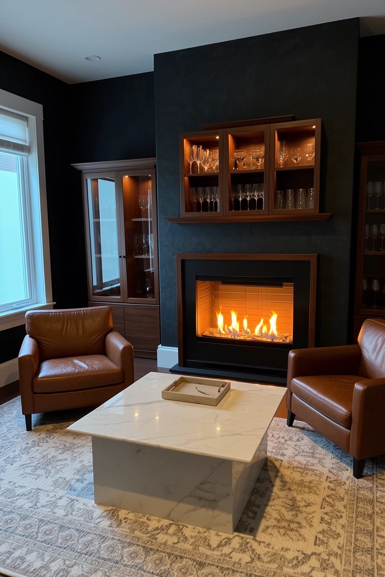 Dark-walled man cave lounge featuring a modern gas fireplace flanked by wooden cabinets with displayed barware and glassware, two tan leather armchairs, white marble coffee table, and patterned rug
