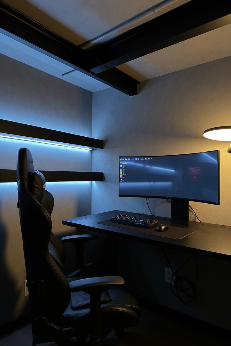 Modern man cave gaming desk setup featuring blue LED strip lighting under wall panels, curved ultrawide monitor, RGB keyboard, and black ergonomic chairs in a dimly lit industrial-style room
