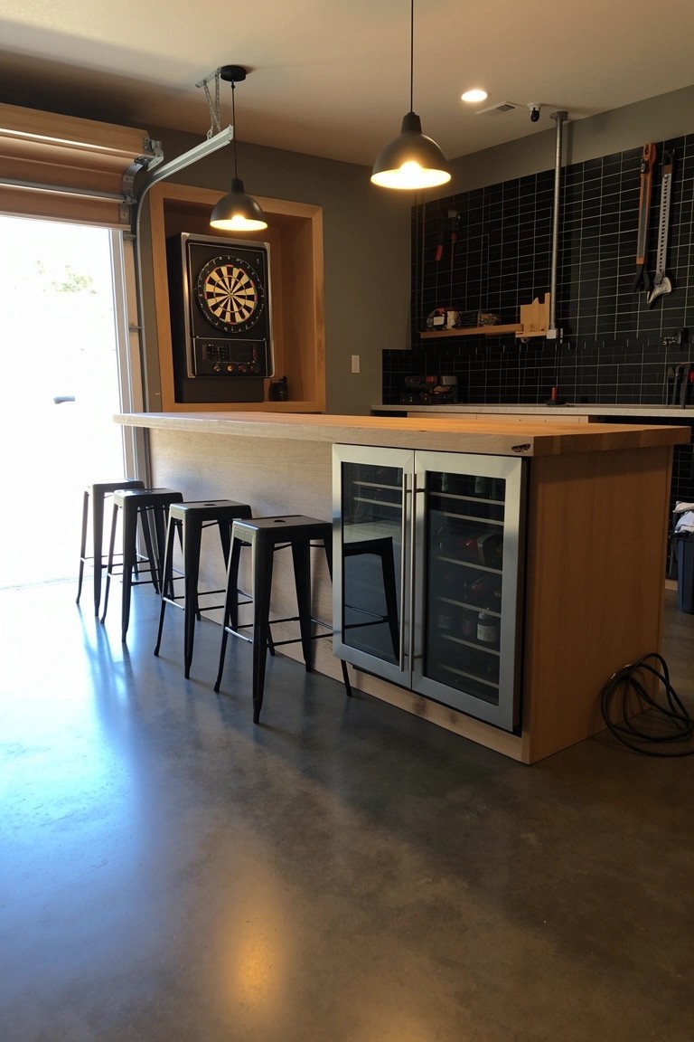 Garage man cave bar with wood countertop, black stools, wine fridge, dartboard niche, and pendant lights over polished concrete floor
