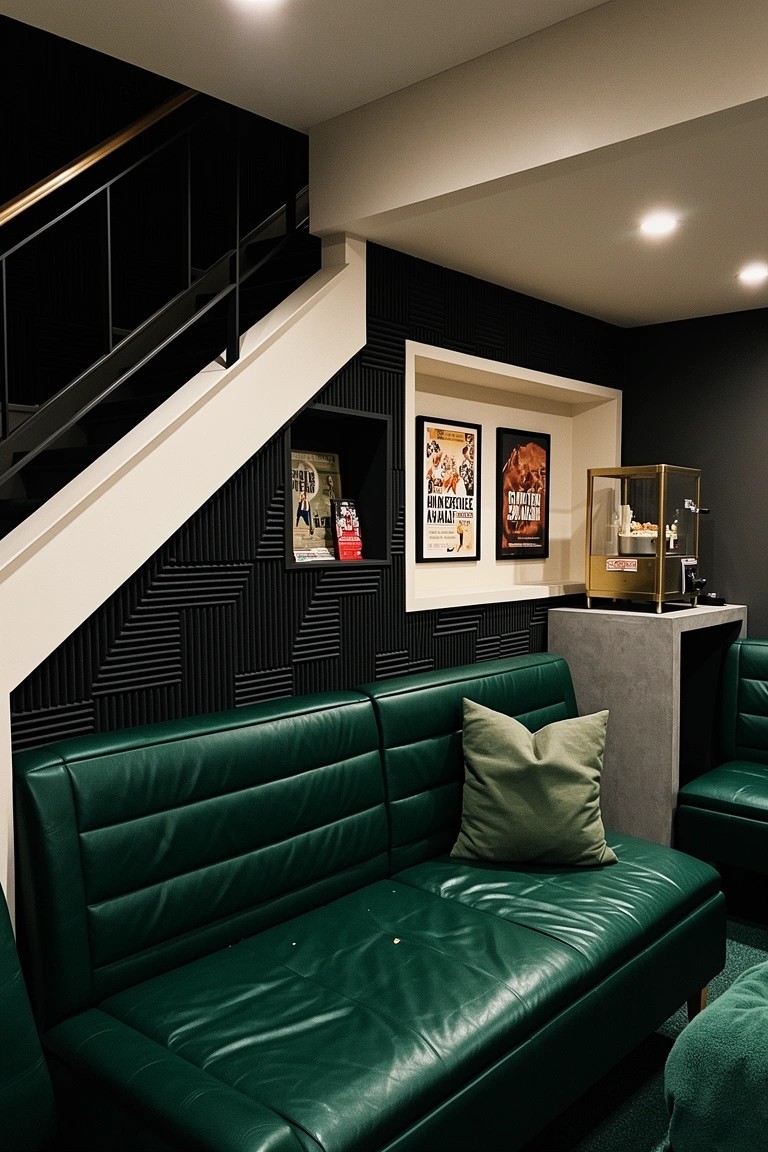 Modern man cave home theater featuring plush green leather sofas against black paneled walls with built-in niches displaying movie posters and memorabilia