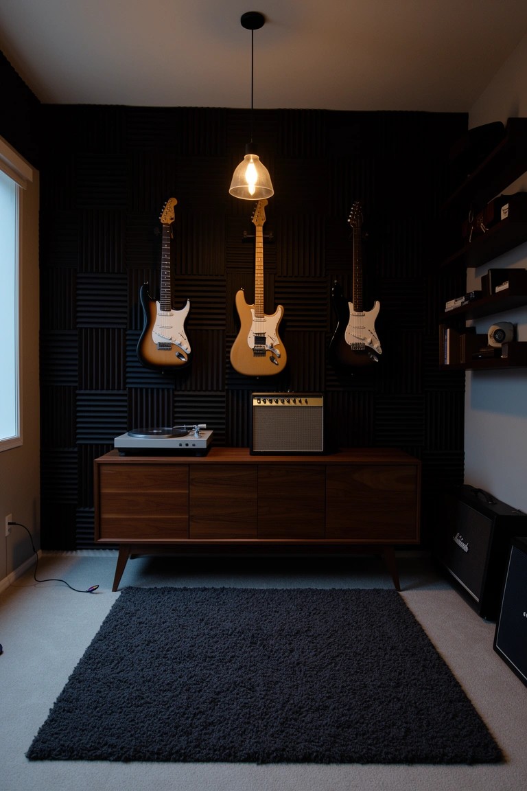 White guitars hanging on black acoustic wall panels above wooden credenza with turntable in modern man cave