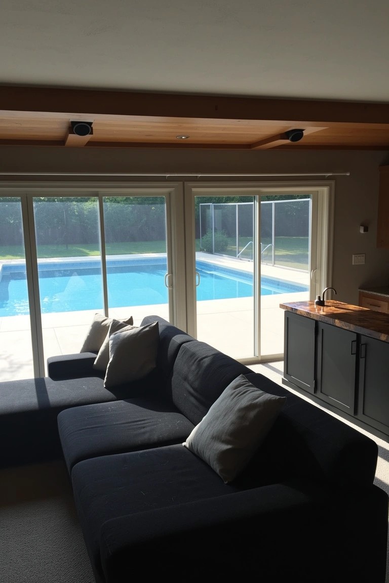 Modern man cave featuring a dark L-shaped sofa facing sliding glass doors to a backyard pool