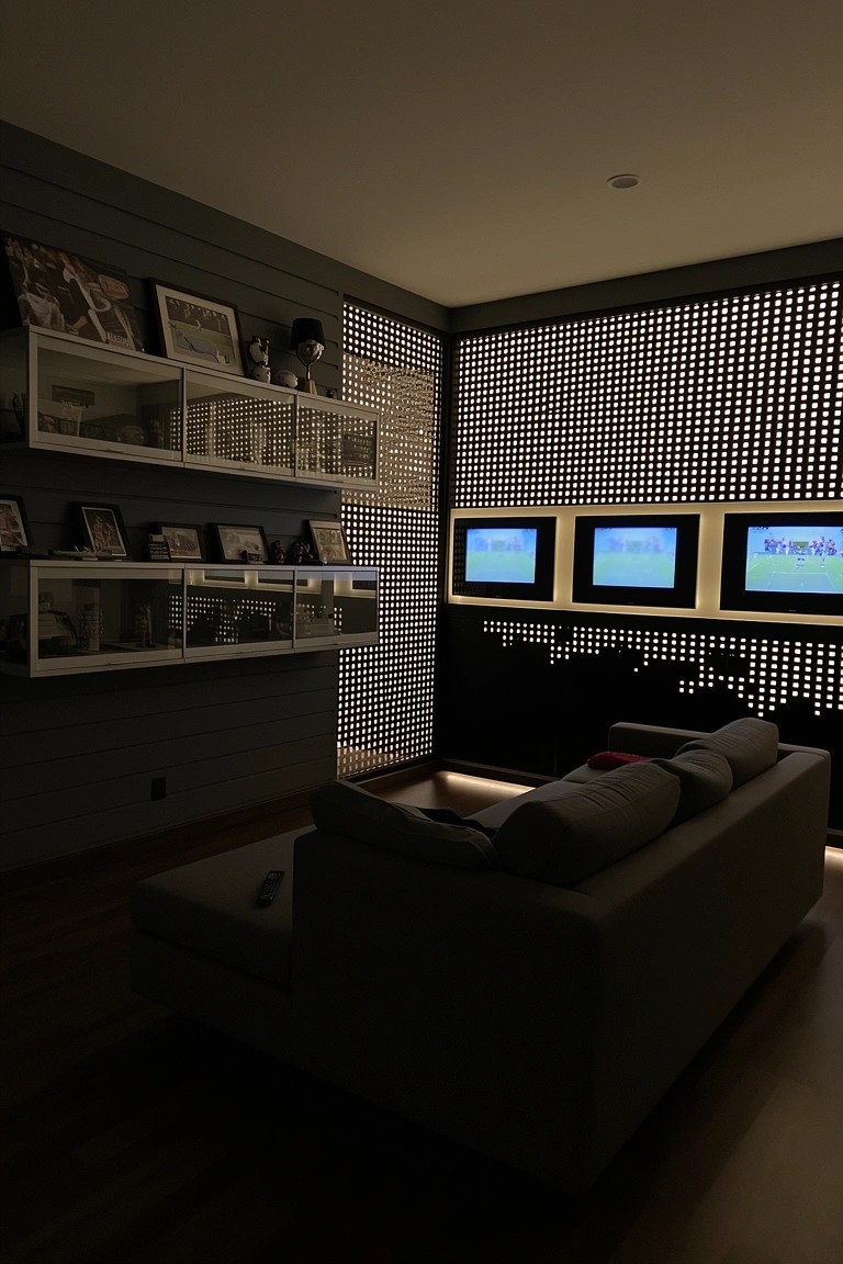 Modern man cave corner with shelves displaying frames and memorabilia around three wall-mounted screens against a perforated dark wall, gray couch in front