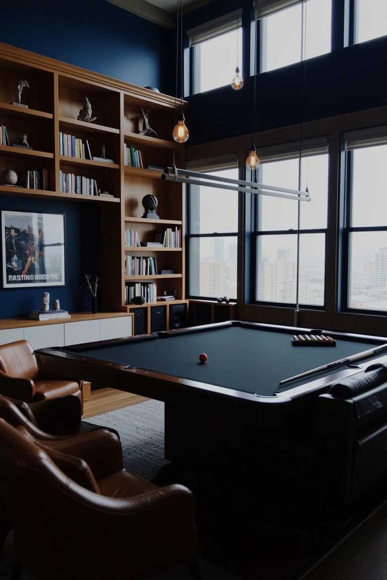 Modern man cave with green pool table centered amid tall wooden bookshelves, dark blue walls, leather chairs, and large windows
