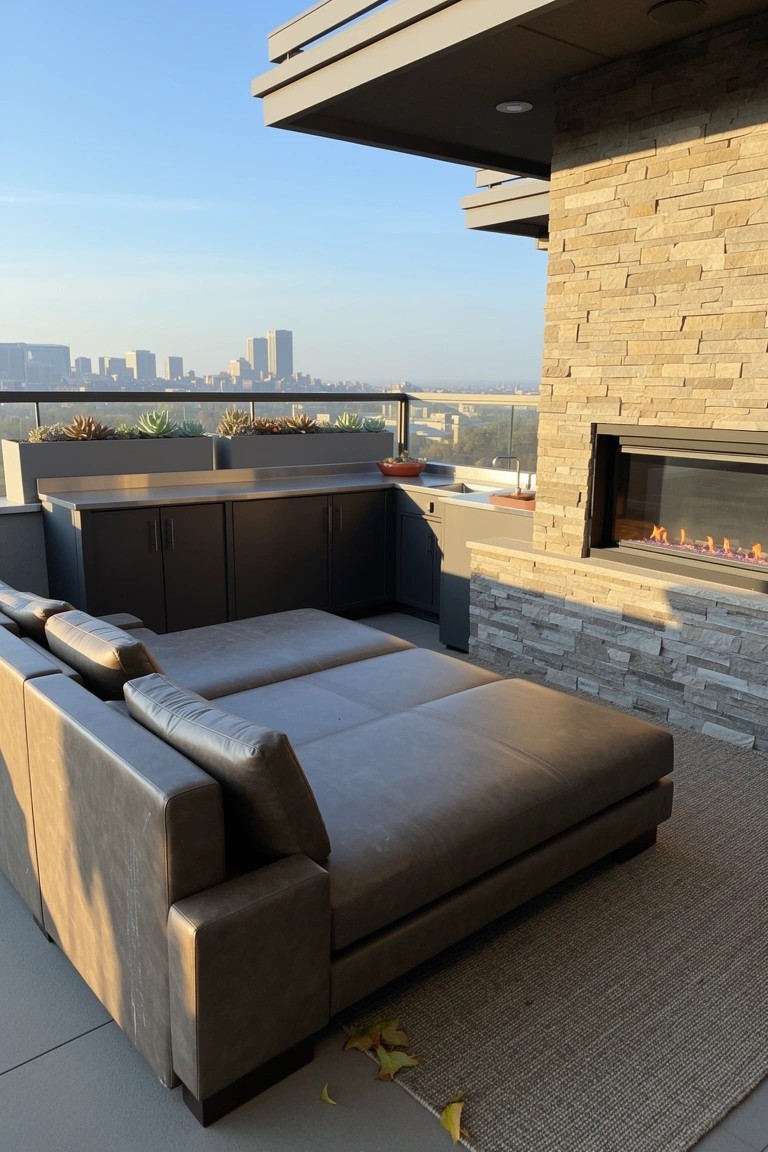 Sleek rooftop terrace with built-in stone gas fireplace and low gray leather sectional sofa