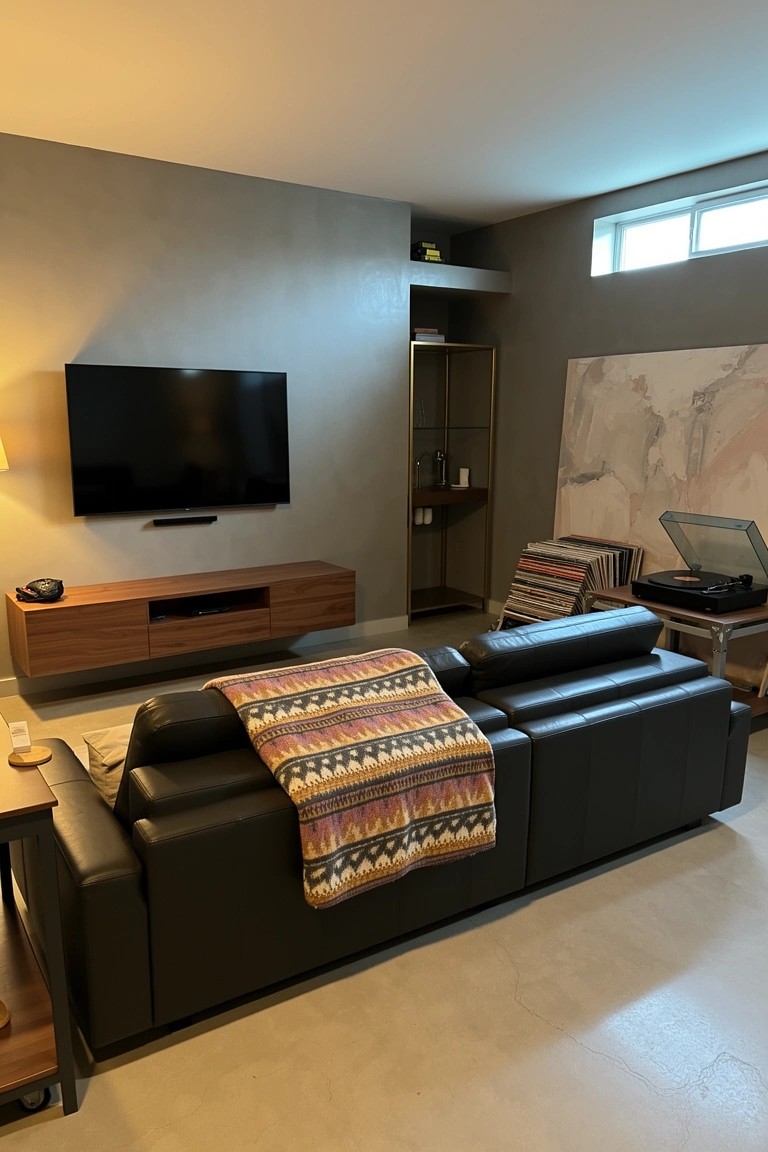 Modern man cave basement with black leather L-shaped sofa draped in colorful woven blanket, wall-mounted TV above low wooden media console, gray textured wall, abstract painting, and turntable setup