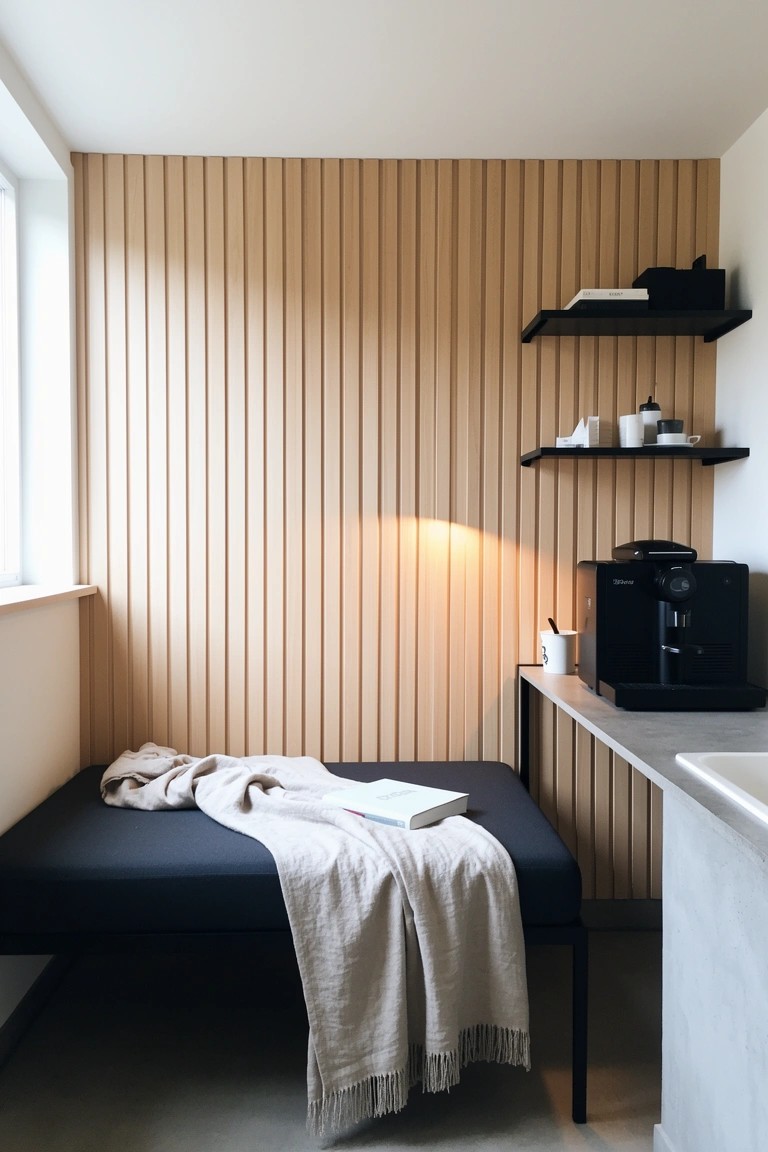 Modern man cave nook with light vertical wood slats on walls, navy daybed draped in beige blanket with open book, black coffee machine on white counter and black shelves holding white cups