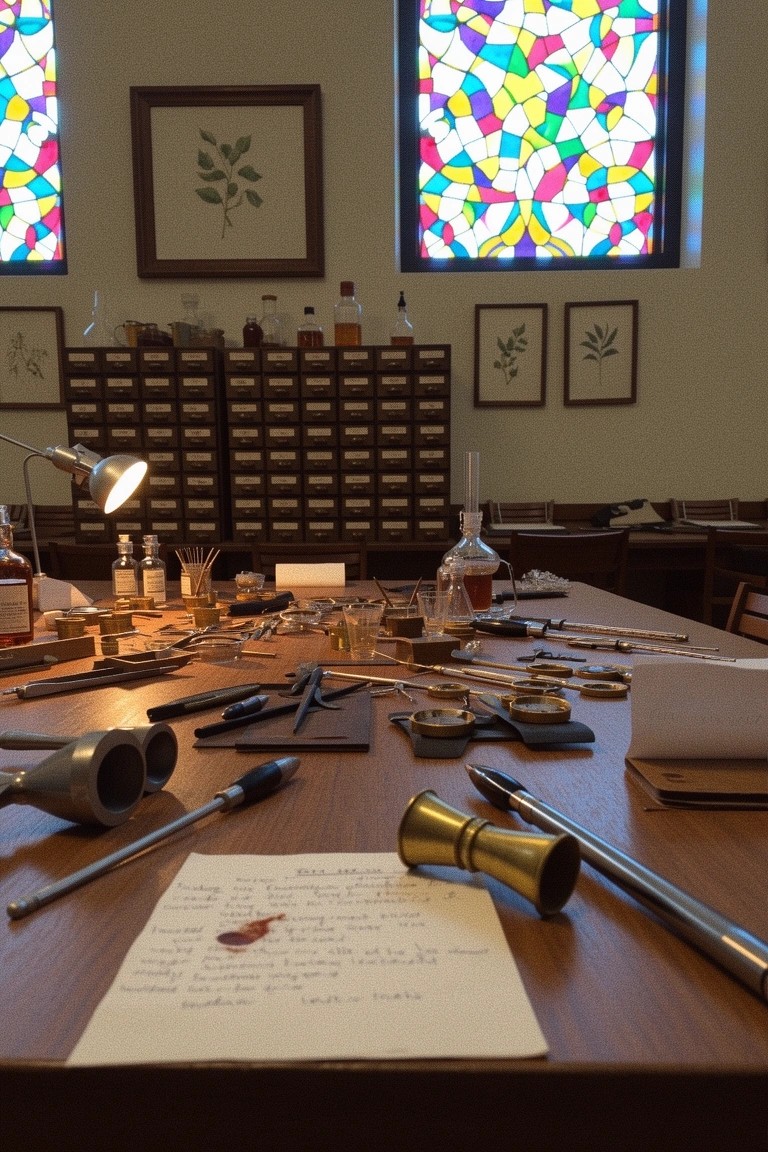 Wooden apothecary cabinets with small drawers in background, workbench cluttered with brass tools, glass flasks, whiskey bottles, and handwritten notes in scholarly room