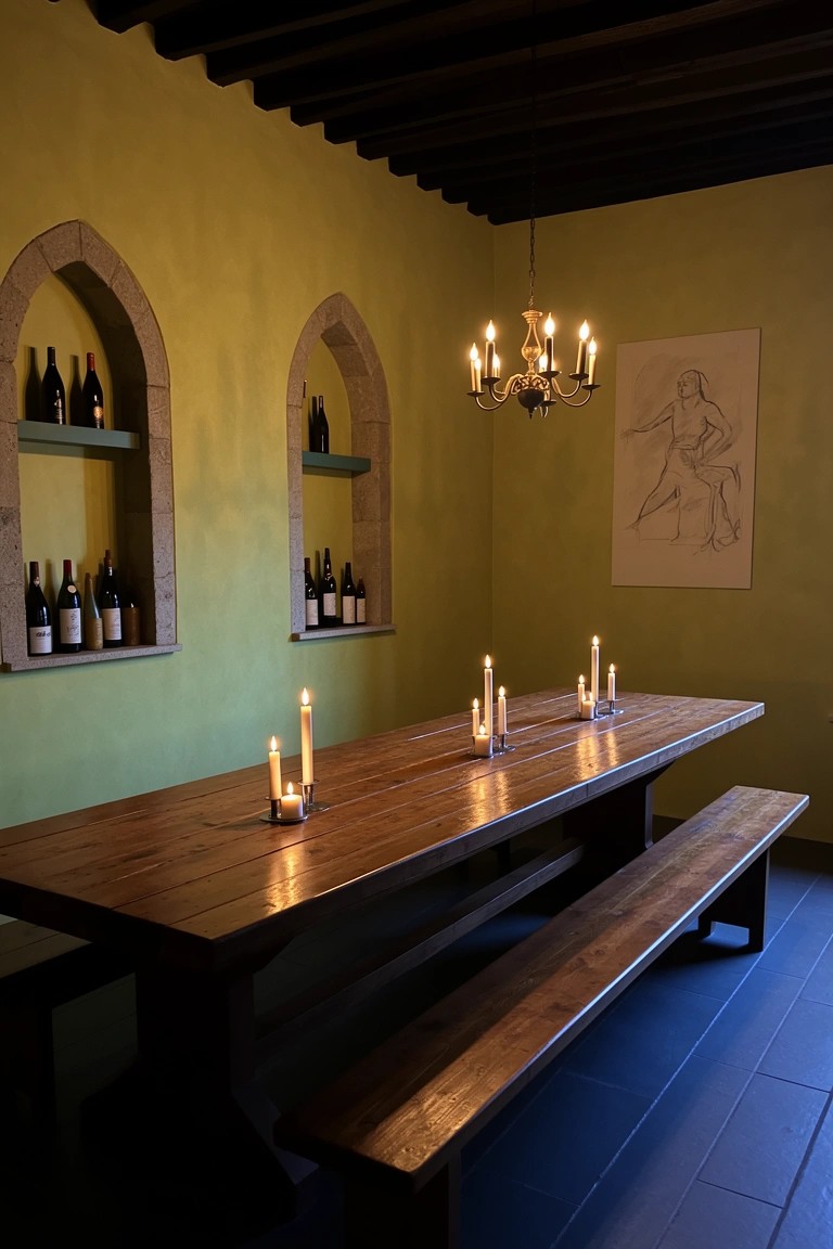 Green-walled room with arched wall niches displaying wine bottles, wooden banquet table with benches and candles