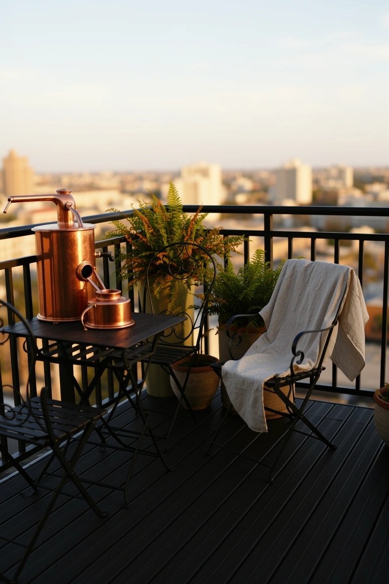 Small black metal bistro table on dark wood balcony deck with copper pots and greenery in pots, plus a draped chair nearby