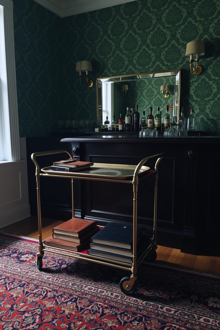 Green damask wallpaper room corner with dark wood liquor cabinet topped by bottles and glasses, gold bar cart holding books and tray beside it