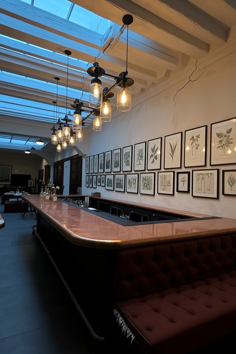 Copper-topped bar counter with tufted maroon seating and a long wall of black-framed botanical prints under industrial pendant lights and skylights