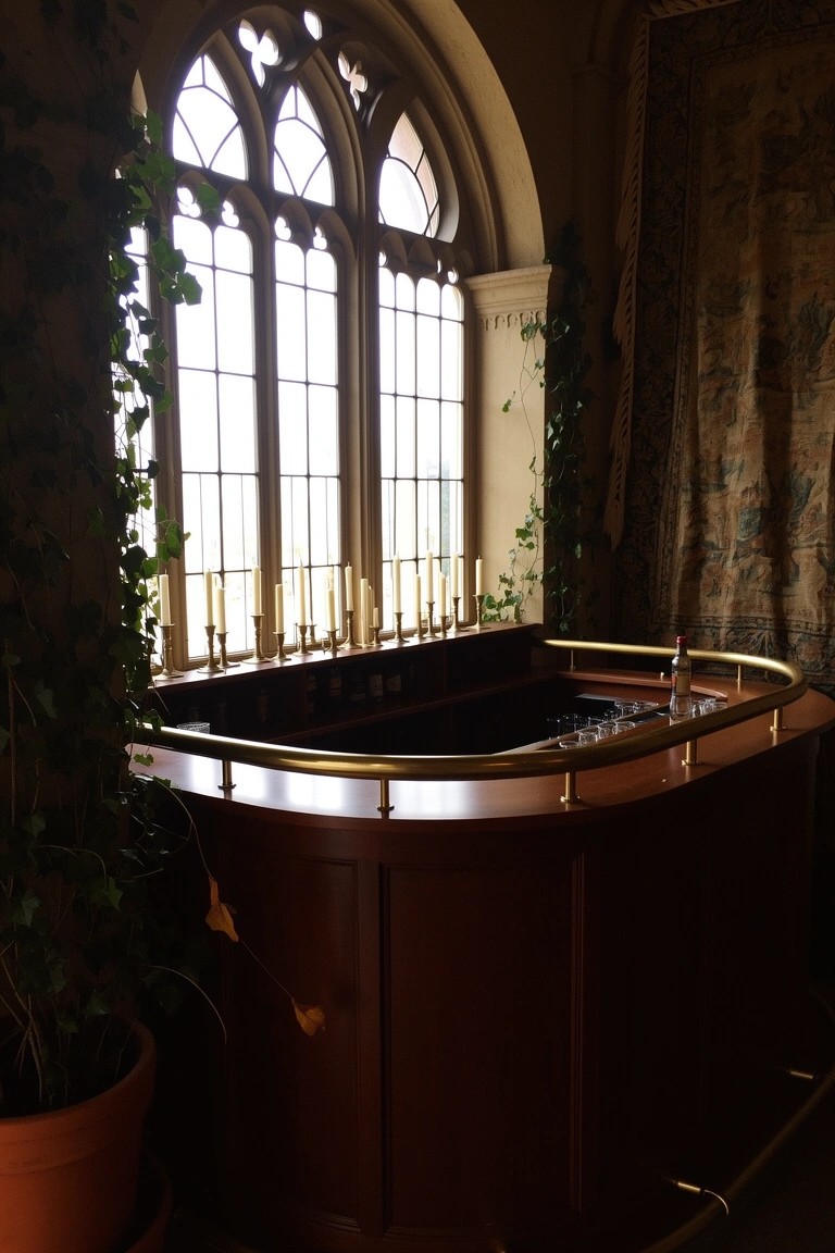 Curved wooden bar counter with brass railing and candle holders under gothic arched window with ivy in dark academia style room