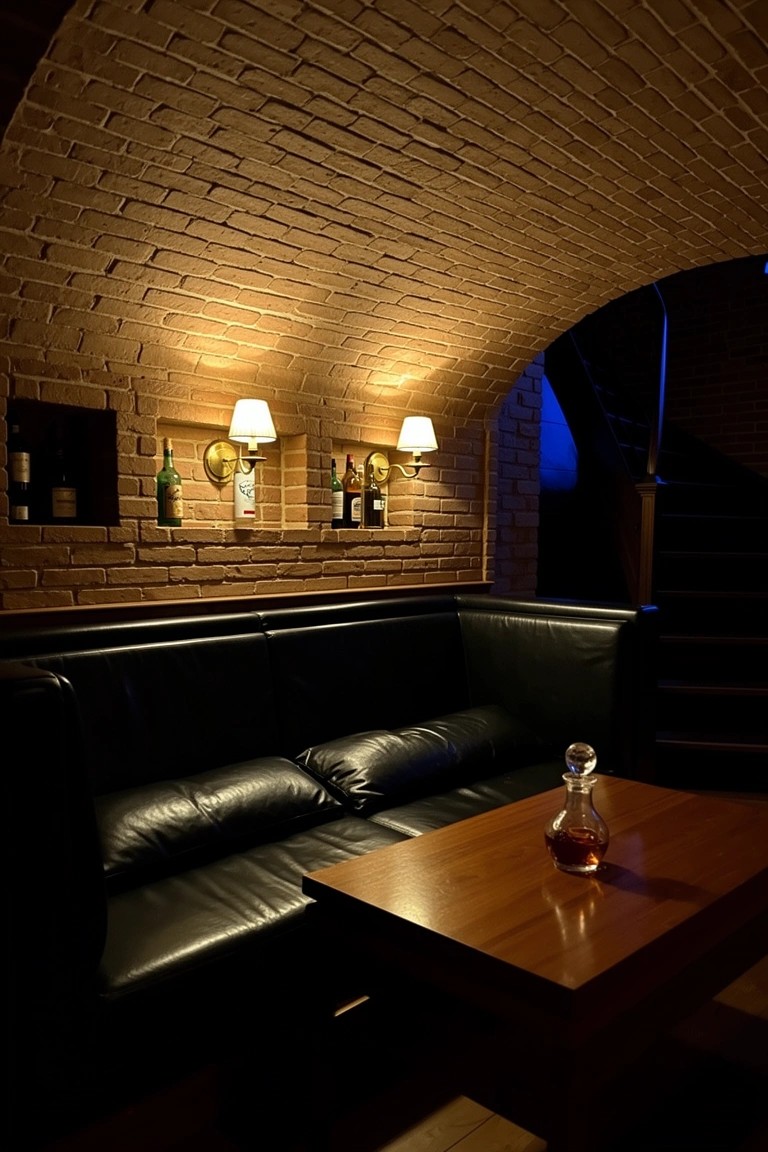 Arched brick room with recessed niches holding bottles, warm wall lights, black leather booth seating, and wooden table with decanter