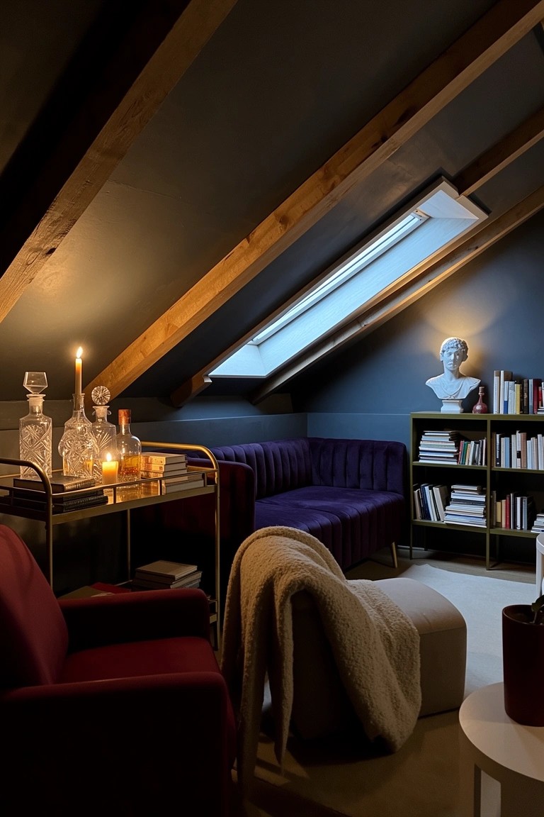 Dimly lit navy attic room under sloped wooden beams with velvet sofa, gold bar cart holding whiskey bottles and candles, bookshelves, and classical bust.