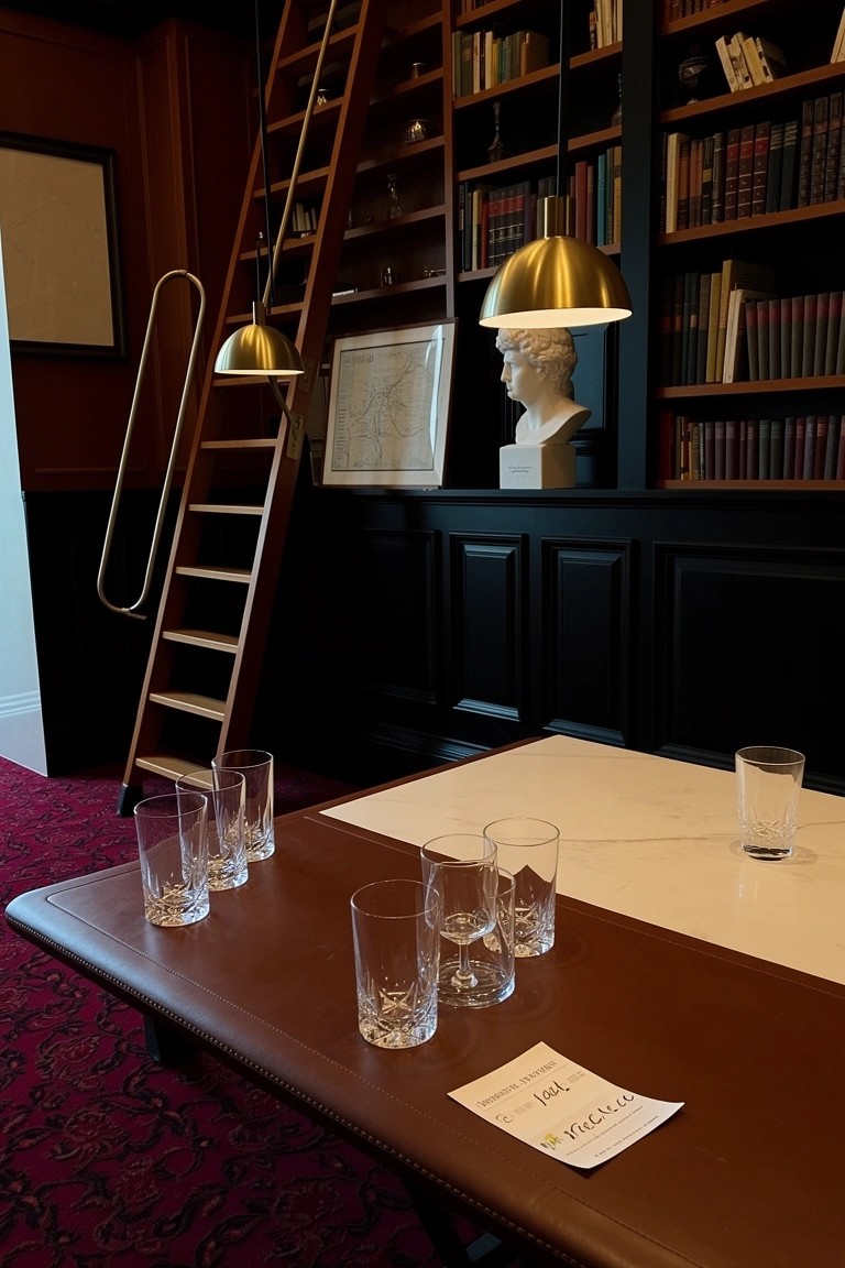 Dark wood-paneled library room with sliding ladder on tall bookshelves, brass lamps, whiskey glasses on table