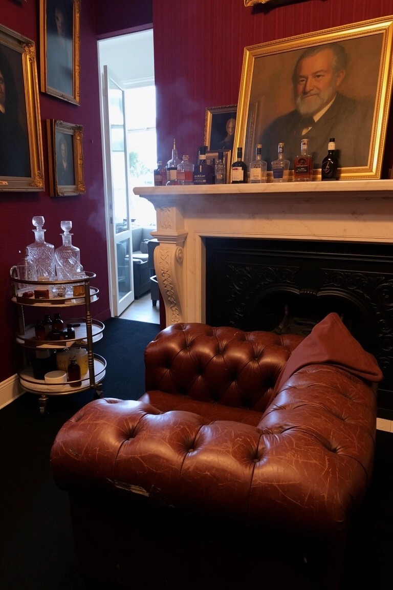 Tufted brown leather armchair with red throw in corner of dark academia whiskey room near fireplace and bar cart