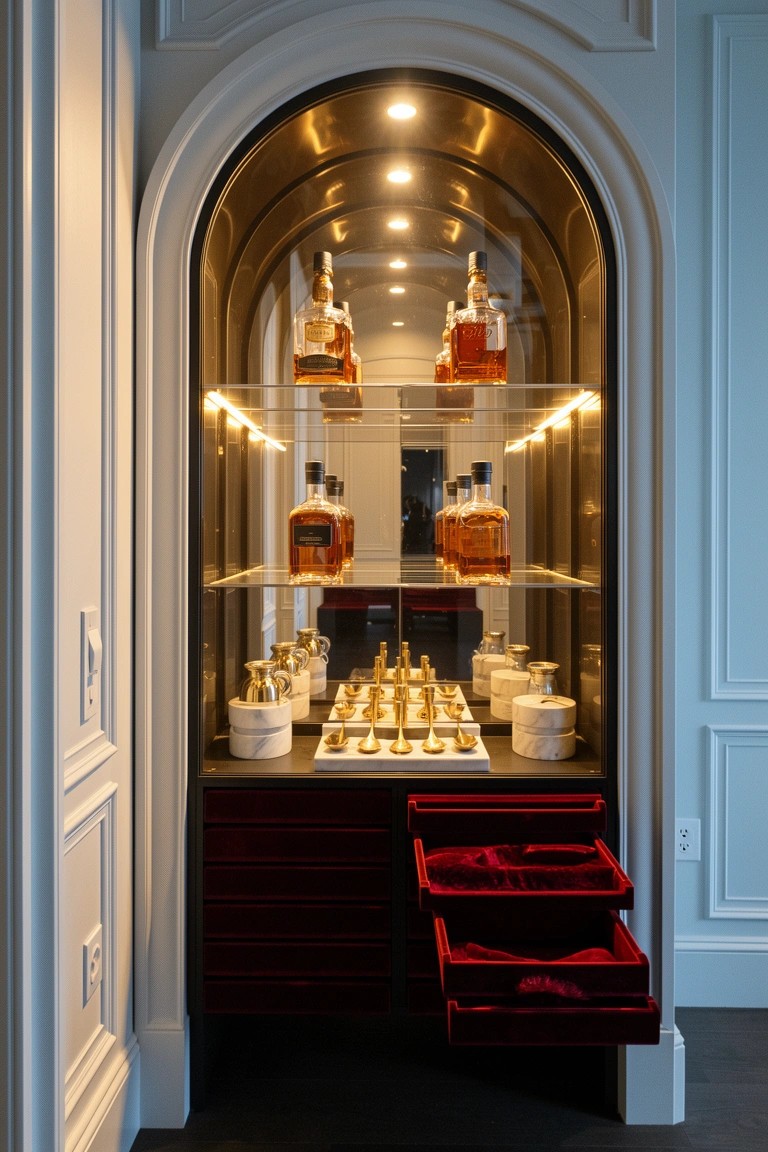 Arched backlit cabinet with whiskey bottles on glass shelves, gold chess set on marble base, and red velvet drawers below in a pale room