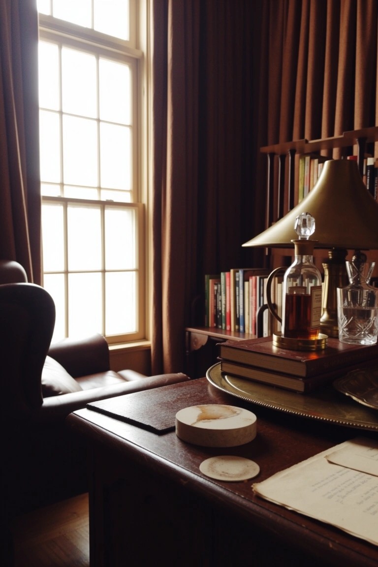 Wooden desk with brass tray holding whiskey decanter, glasses, books, and ashtray in a book-filled study room