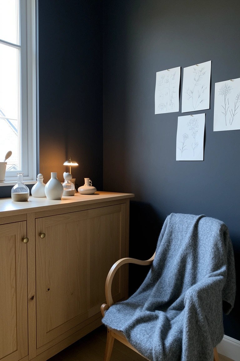Wooden cabinet with ceramic vases and lamp beside a chair draped in gray blanket, in dark navy corner with white sketches on wall