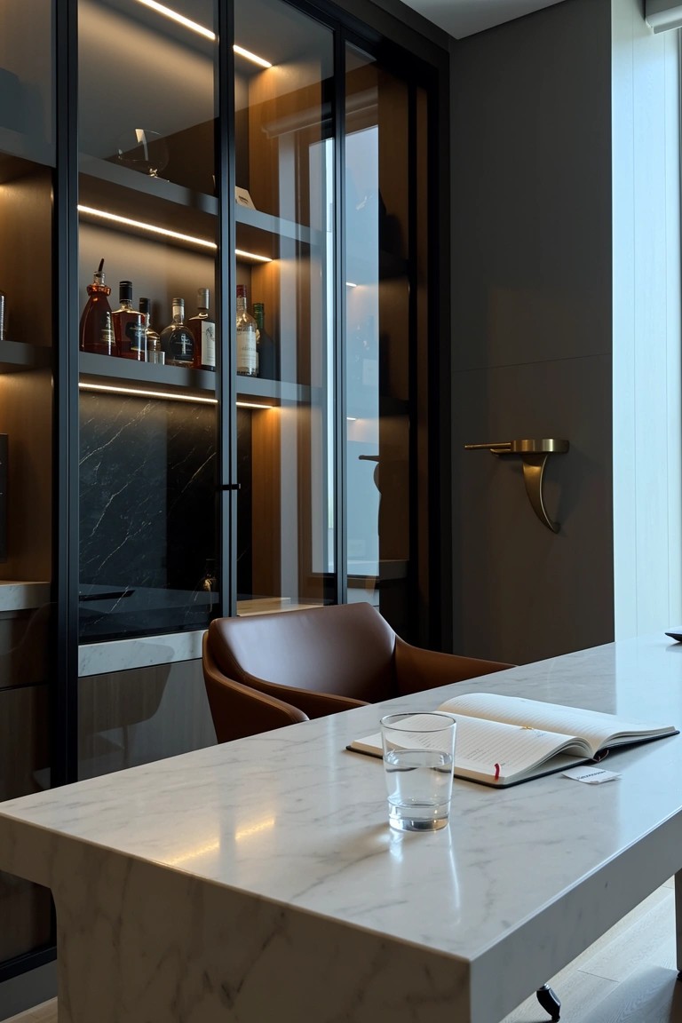 Home office desk with adjacent backlit glass-front cabinet displaying whiskey bottles on wood shelves