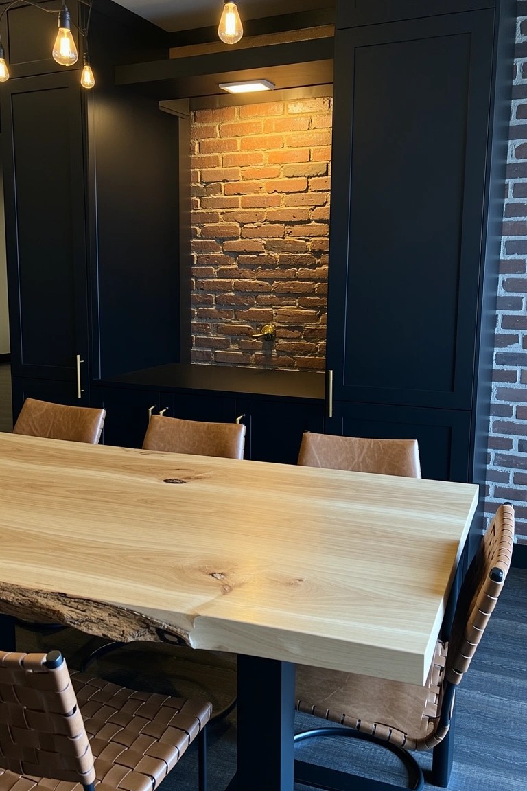Dark cabinetry with brass handles against an exposed brick wall in a whiskey room office, with a live-edge wood table and leather chairs nearby