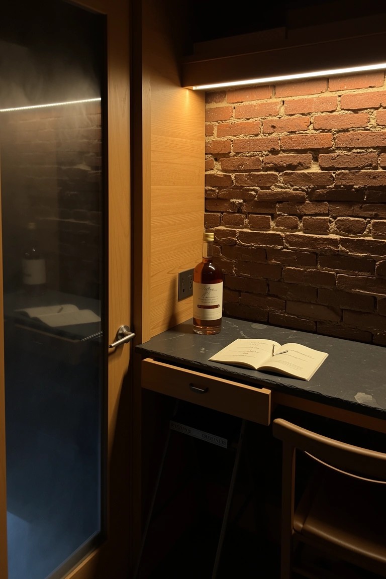 Compact wooden desk against exposed brick wall in a dimly lit nook, with whiskey bottle, open book, and bar stool nearby