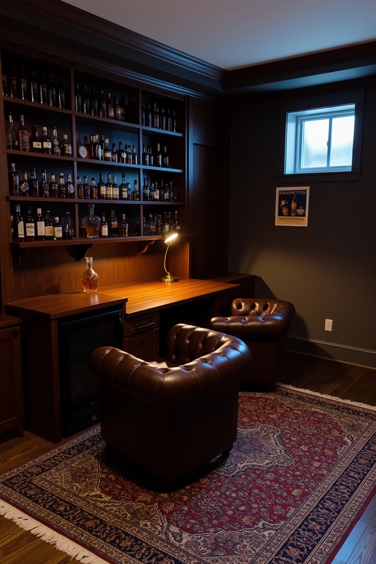 Dark wood paneled home office with built-in whiskey bottle shelves above a wooden desk, flanked by leather armchairs on a patterned rug