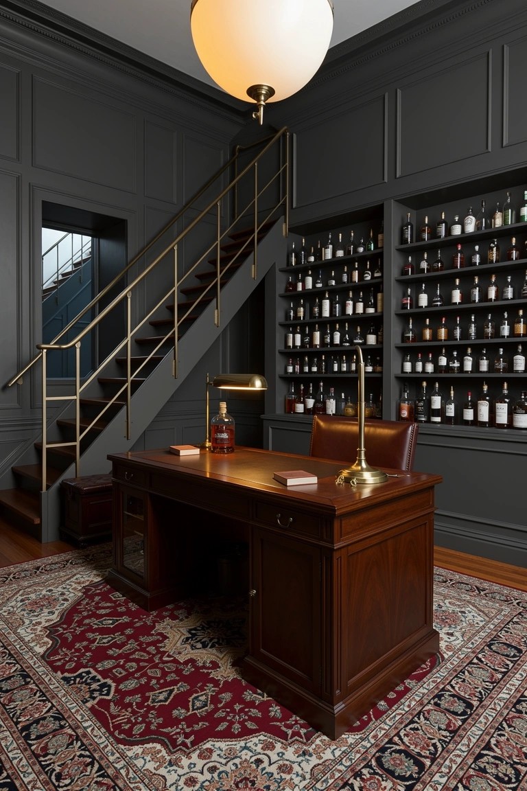 Dark gray paneled office with wooden desk, brass lamp and accents, shelves lined with whiskey bottles, spiral staircase, and red Persian rug